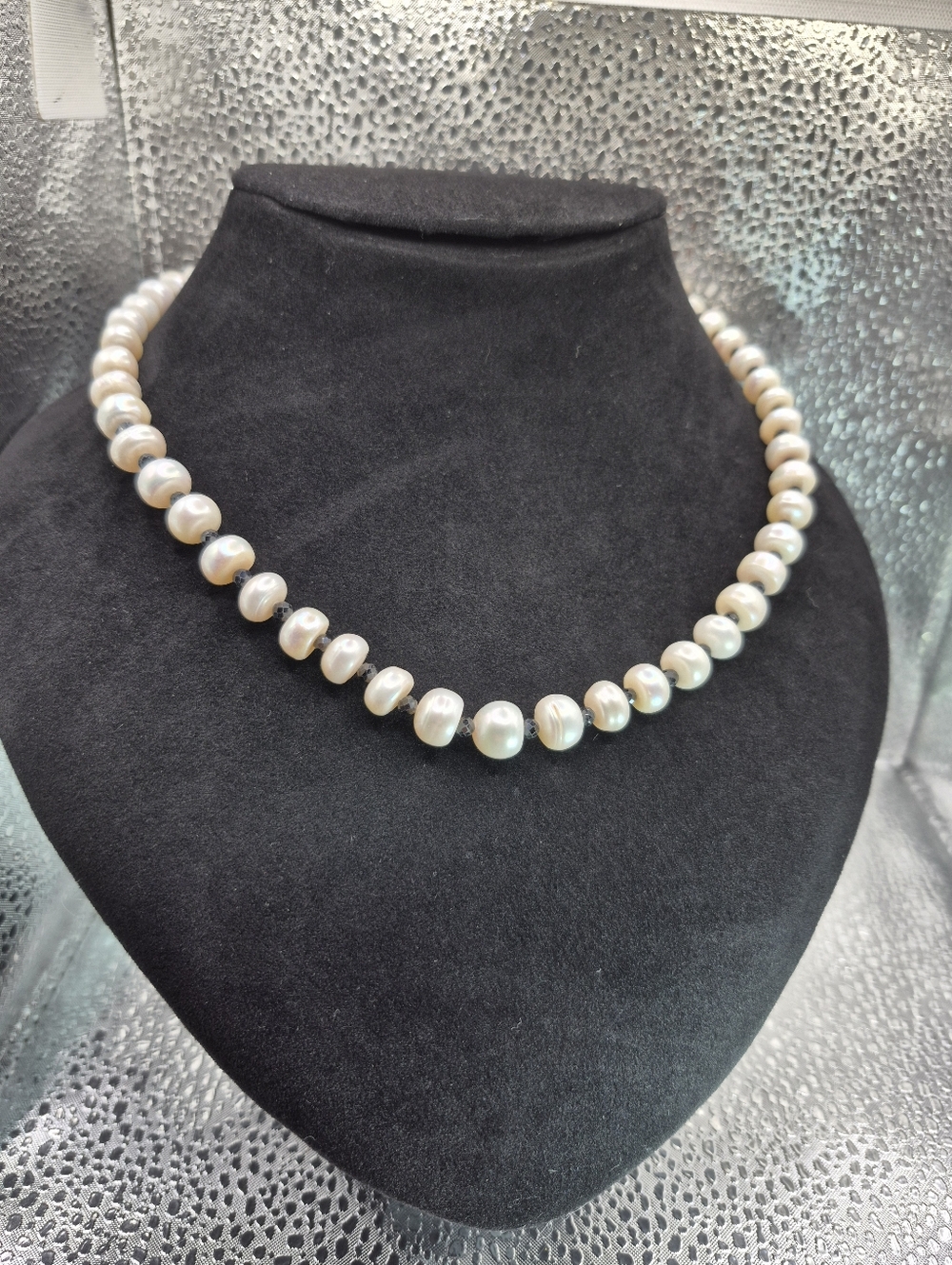 Classic Freshwater Pearl Necklace With Black Spinel Between Each Pearl